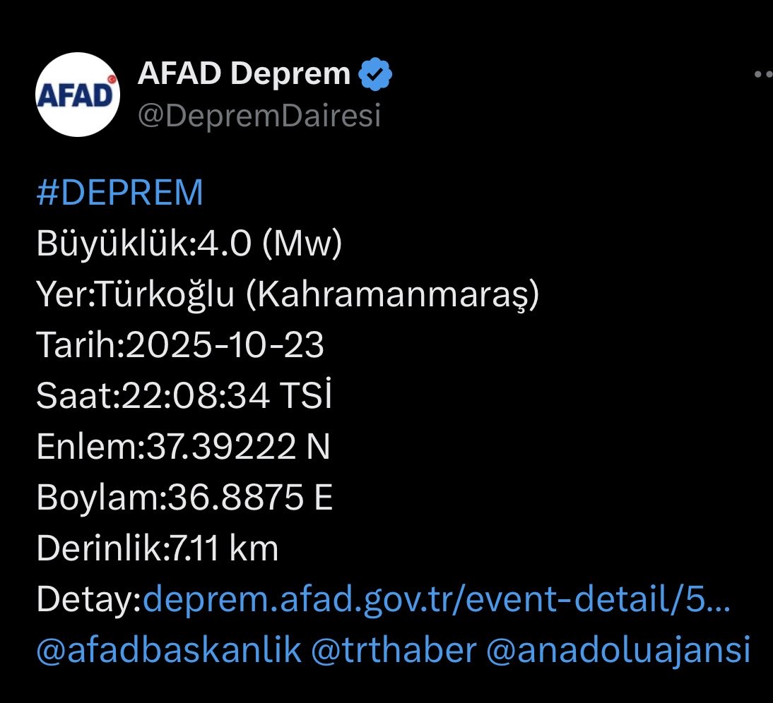 Değerli Hemşehrilerim,

Türkoğlu ilçemizde  4️⃣,0️⃣ büyüklüğünde bir deprem meydana gelmiştir. AFAD ve ilgili kurumlarımızın tüm ekipleri saha taramalarına devam etmektedir. Şu an itibari ile olumsuz bir durum bulunmamaktadır.

Depremden etkilenen vatandaşlarımıza geçmiş olsun