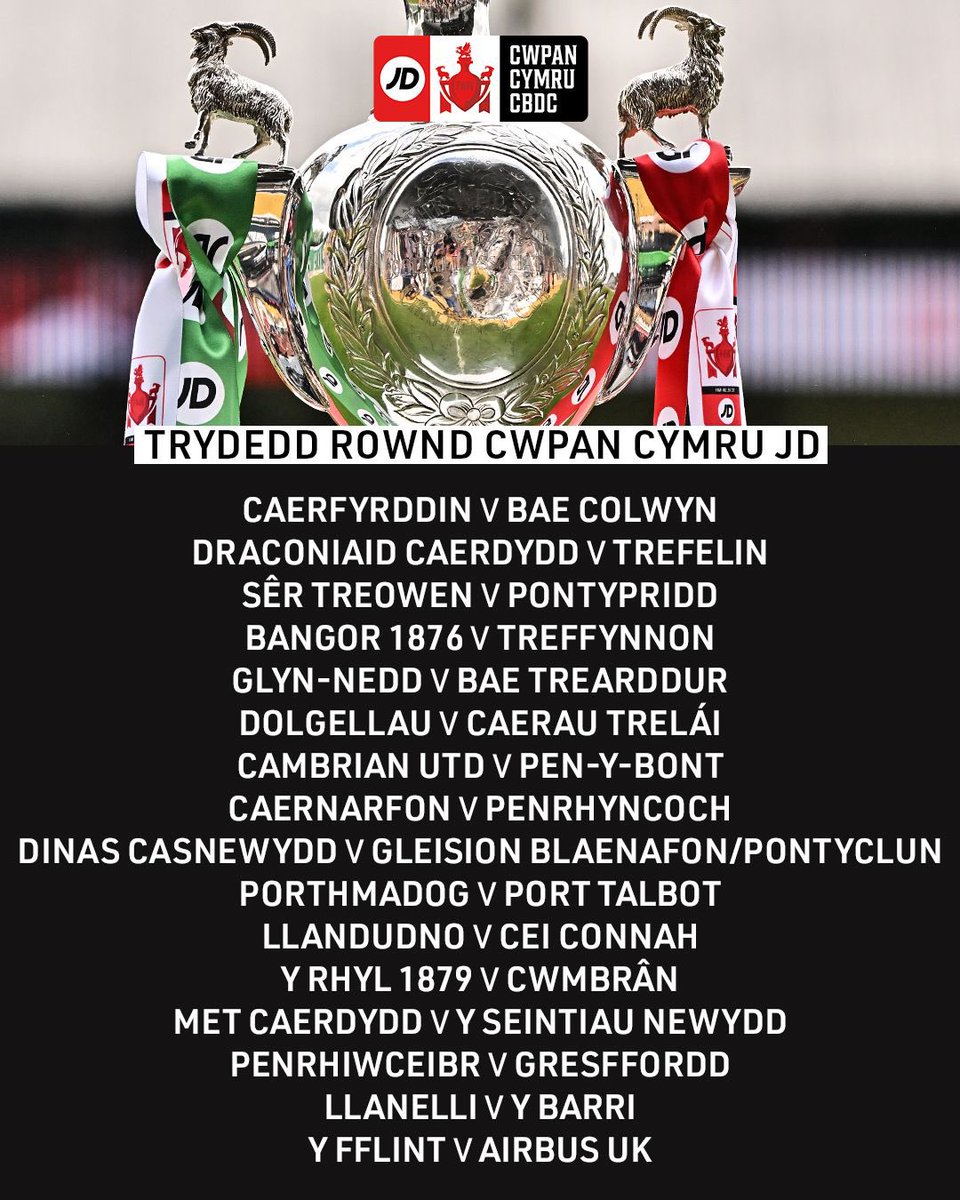 Trydedd Rownd Cwpan Cymru JD 🏆🏴󠁧󠁢󠁷󠁬󠁳󠁿

JD Welsh Cup Third Round ties ⬇️

#CwpanCymruJD #JDWelshCup