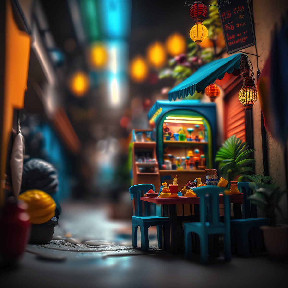 NoBanksNearby's tweet image. 4:28 PM. See the deep teal chairs against the lanterns&apos; warm glow? This is the minute the street starts to hum, inviting you to pause. Feel that vibrant shift from day into evening. Be present for the magic unfolding.

#ProgrammableArt #NFT #TimeAsAsset #ReflectiveArt…
