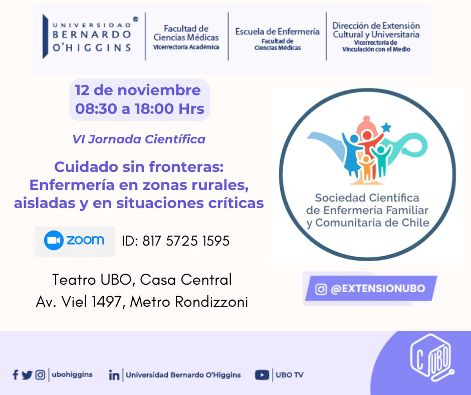 La Sociedad Científica de Enfermería Familiar y Comunitaria de Chile (SOCHIENFA) te invita cordialmente a su

🧠 VI Jornada Científica de Enfermería Familiar y Comunitaria

 🎯 “Cuidado sin Fronteras: Enfermería en Zonas Rurales, Aisladas y en Situaciones Críticas”