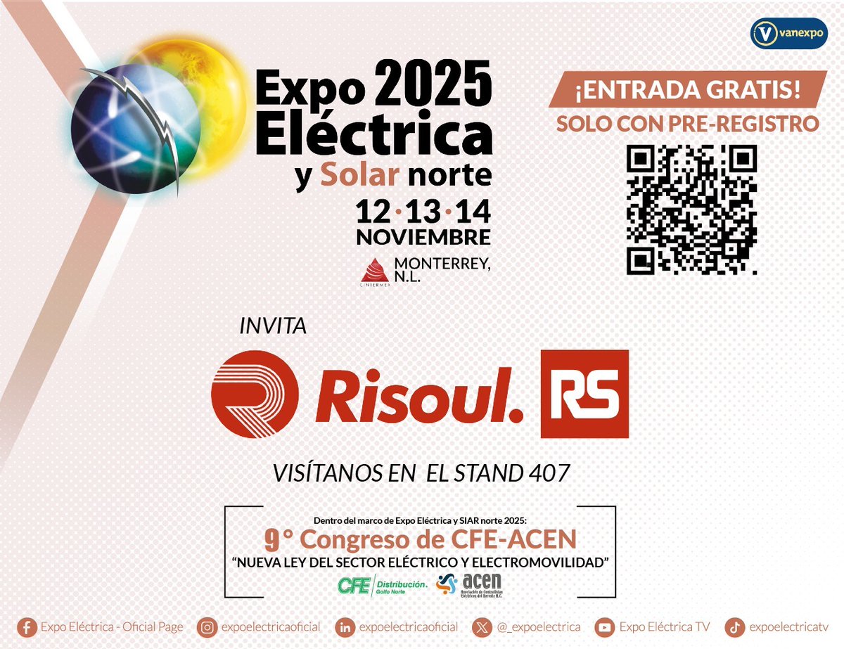 Visítanos en el stand 407 de Risoul RS en Expo Eléctrica y Solar Norte y descubre nuestras soluciones para optimizar tu industria.
Y... ¡prepárate para un próximo anuncio!

Regístrate ahora: hubs.la/Q03PYw6w0

#SomosRS #HacemosQueSucedaLoIncreíble #PorUnMundoMejor