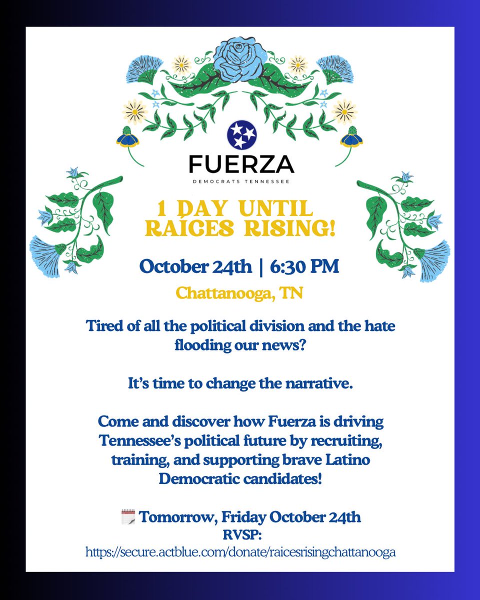 Unámonos para un futuro politico más justo y mejor✊🏽
 Nos vemos mañana #chattanooga!

Let’s unite for a more fair and better political future✊🏽
We will see you tomorrow #chattanooga