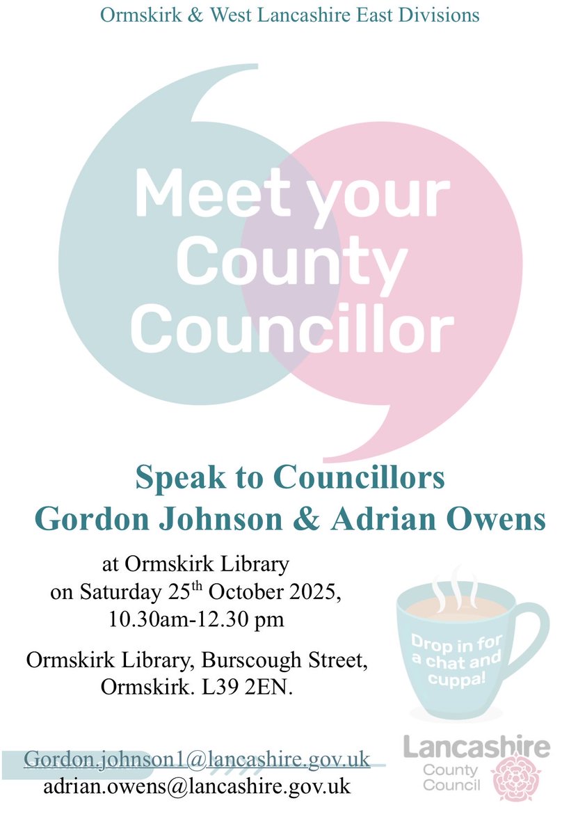 On Saturday 25th October in conjunction with <a href="/LancashireCC/">Lancashire County Council</a> Cllr Adrian Owens, we’re holding a drop in session at Ormskirk Library between 10.30am &amp; 12.30pm. We look forward to meeting &amp; chatting to any residents who are able to attend. #OWL🦉