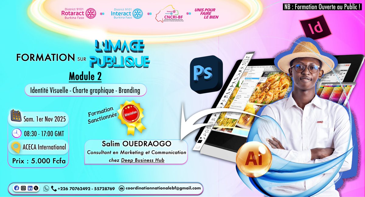 CoordinationBF's tweet image. Un bon profil publique sur les médias sociaux,  c’est aussi des visuels de qualité graphique harmonisée selon des principes fondamentaux de la conception graphique.

RDV Samedi 1er novembre 2025.
#ImagePublique #formationprofessionnelle #FormationDigitale #Rotaract #rotaractbf