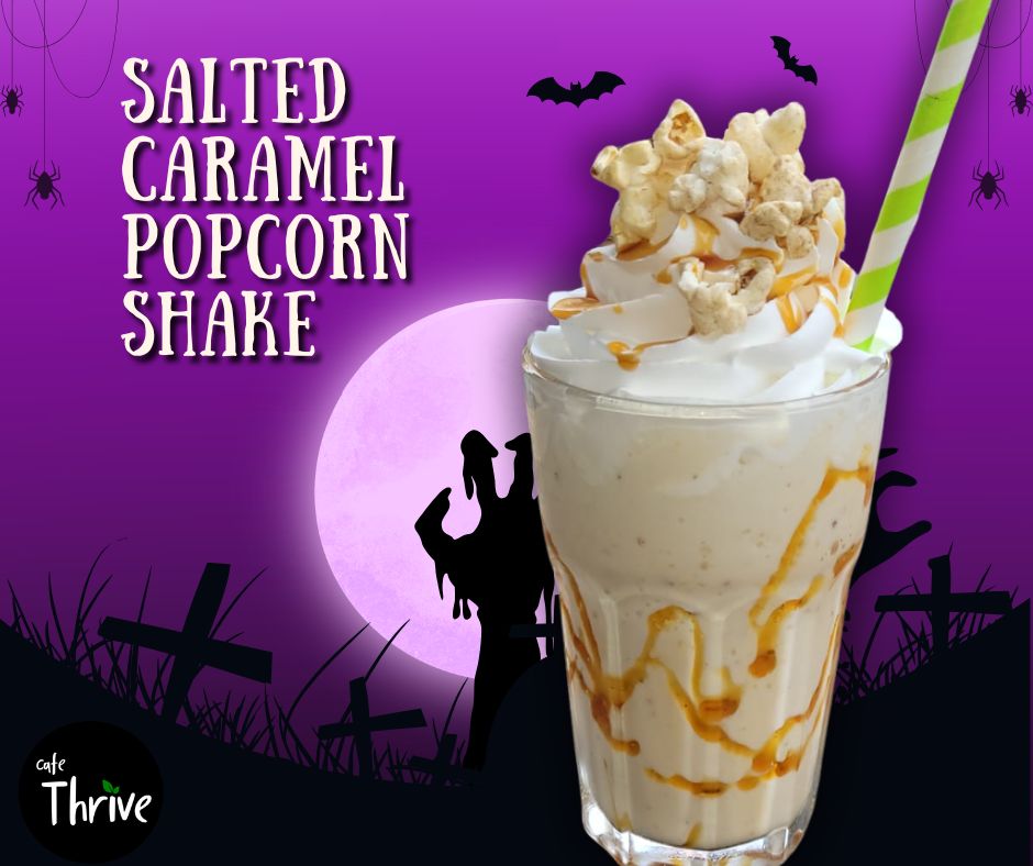 cafe_thrive's tweet image. 🍿👻 Sweet... but sinister.
The Salted Caramel Popcorn Shake has risen from the grave!
Popcorn syrup, whipped ‘cream’, caramel drizzle &amp;amp; crunchy popcorn on top.
One sip and you’re under its spell… 💀🥤

#BackFromTheDead #HalloweenMenu #PopcornShake #SpookySips