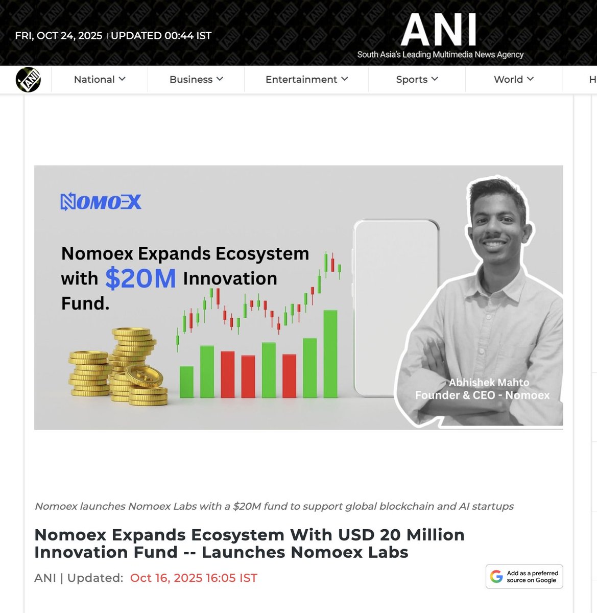 nomoex_global's tweet image. 🚀 Big move from Nomoex.

We’re launching Nomoex Labs with a $20M Innovation Fund to back the next wave of Blockchain + AI founders.

This is more than funding — it’s how we build the open internet together.

🔗 aninews.in/news/business/…

#Nomoex #Web3 #AI  #InnovationFund