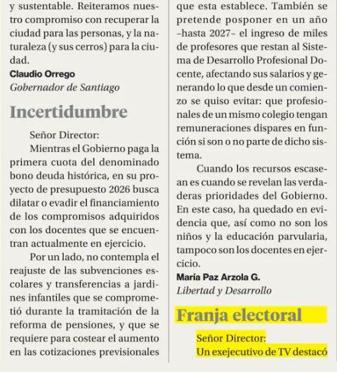 Comparto carta al director publicada hoy en <a href="/La_Segunda/">laSegunda</a> sobre el presupuesto 2026 y las (no) prioridades del gobierno en educación…