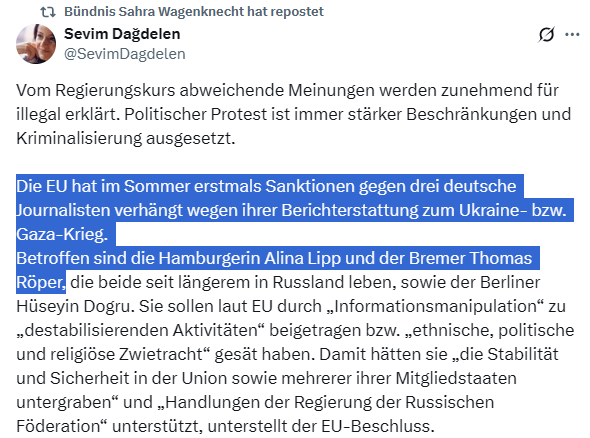 WagenWatch's tweet photo. Bei Dağdelen und ihren BSW-Kollegen muss man mittlerweile wahrscheinlich schon froh sein, wenn sie nicht auch noch Medwedew als "Journalisten" mit "abweichender Meinung" bezeichnen. https://t.co/pXEFExOJqq