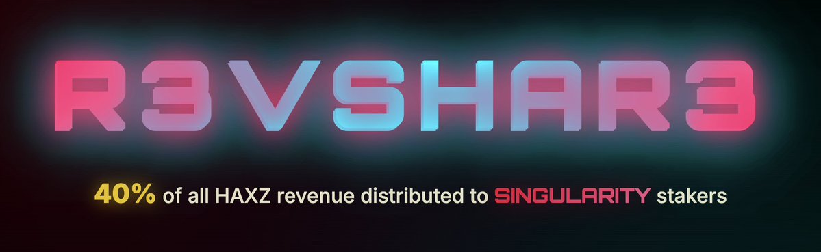 RevShare page is live: haxz.xyz/revshare

40% of revenue goes to SINGULARITY-tier stakers, distributed every 3 days.  

Haxffle, Rails, Secondaries, and ALL future products are will be in RevShare 📀

We don’t promise, we ship.
Thank you to our tribe.