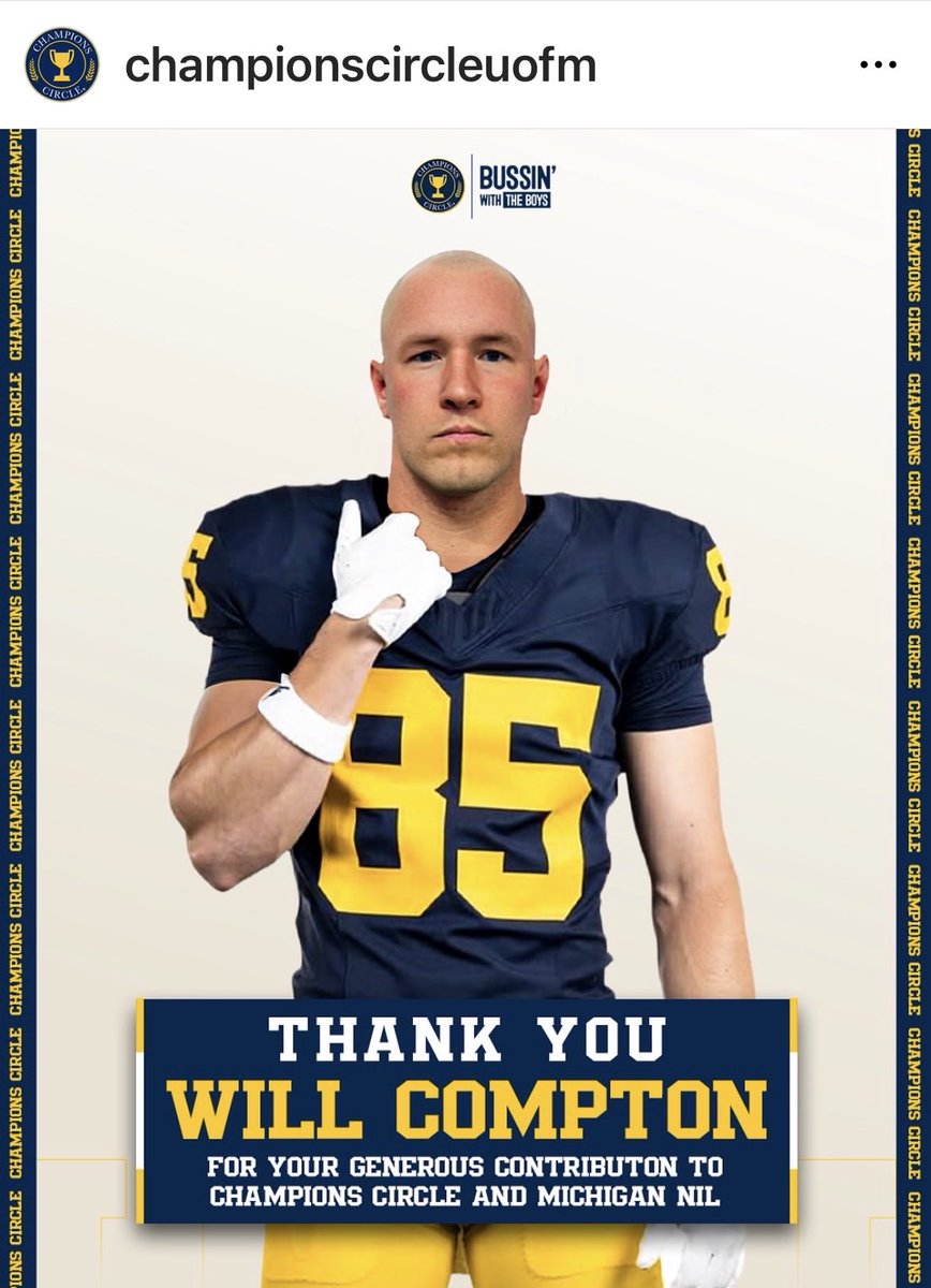 AdamSchefter's tweet image. The @ChampCircleUofM officially has received its $50,000 donation from @BussinWTB and @_willcompton, who looks outstanding in maize and blue.