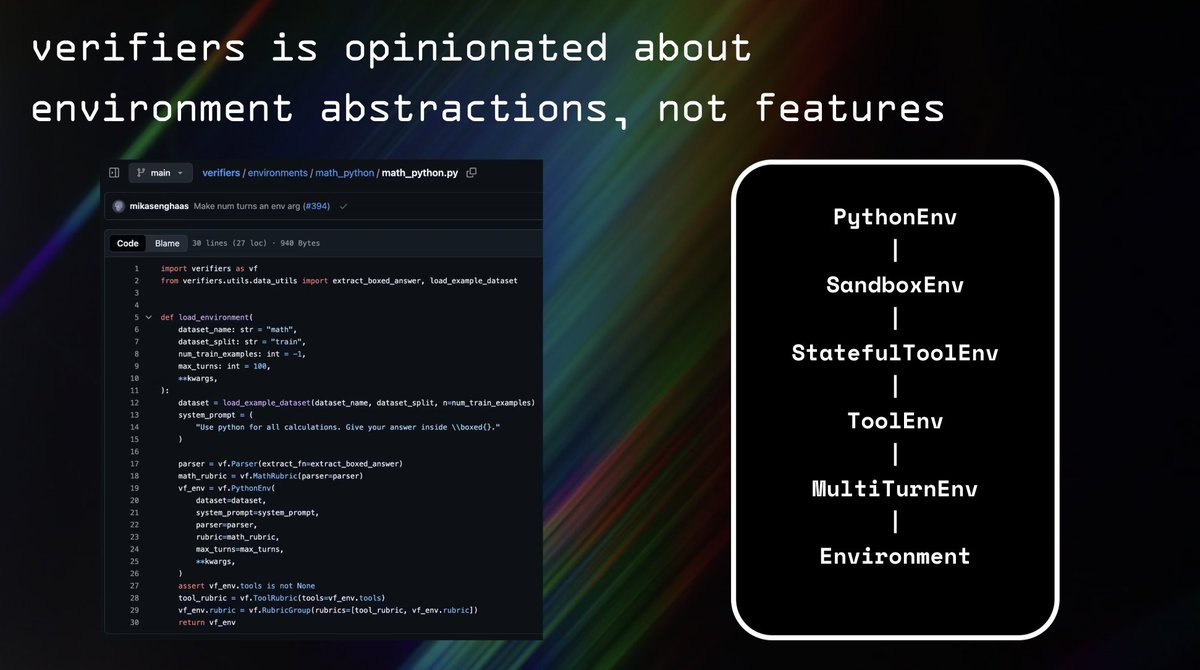 willccbb's tweet image. some slides from my talk at @PyTorch conf earlier this week about the design choices of verifiers and how we've been building the flagship ecosystem for open RL environments :)
