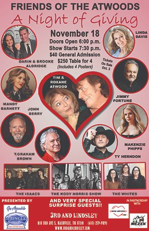 November 18th, Country Music’s Finest Comes Together For Friends Of The Atwoods: A Night Of Giving featuring Darin &amp; Brooke Aldridge, Mandy Barnett, John Berry, T. Graham Brown, Linda Davis, Jimmy Fortune, Ty Herndon, The Isaacs &amp; More!
Tickets: bit.ly/4mShUSA