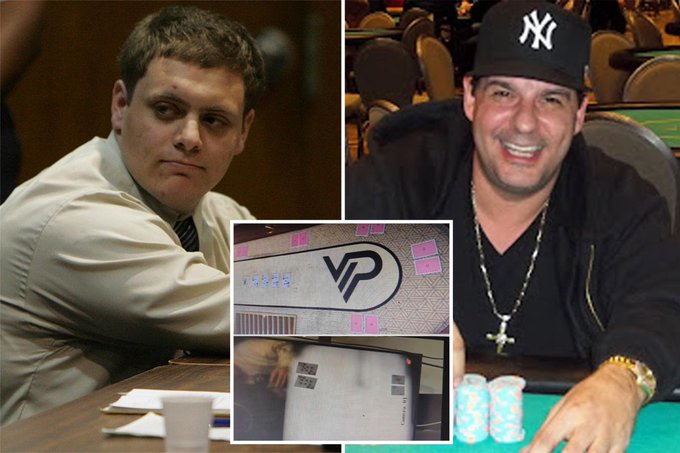 Left side shows a man in a white shirt and tie sitting at a table with a coffee cup in a formal setting. Right side depicts a man wearing a black Yankees cap and black hoodie with a gold chain necklace sitting at a poker table holding chips. Inset images display pink VP patches on clothing and a blurred background with poker chips.