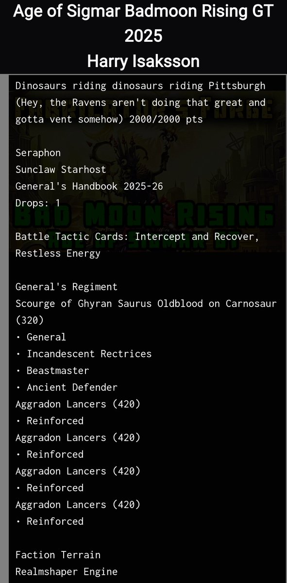 A few Seraphon players went 3-2 last weekend at GTs (no 4-1 or 5-0). But this list was my favorite. 🤠 

Harry Isaksson 3-2 at Badmoon Rising GT with Soggy Carno and 24 Aggradons!!