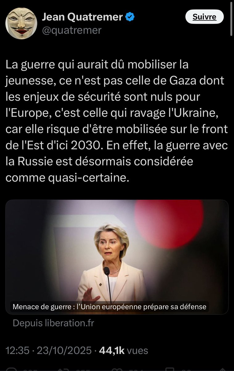 Pour certains journalistes et généraux, « la guerre avec la Russie est désormais considérée comme quasi-certaine d’ici 2030. »
Les jeunes seront mobilisés.

✅Ces gens sont des malades mentaux qu’il faut arrêter d’urgence.
La Russie a encore répété aujourd’hui qu’elle ne veut pas