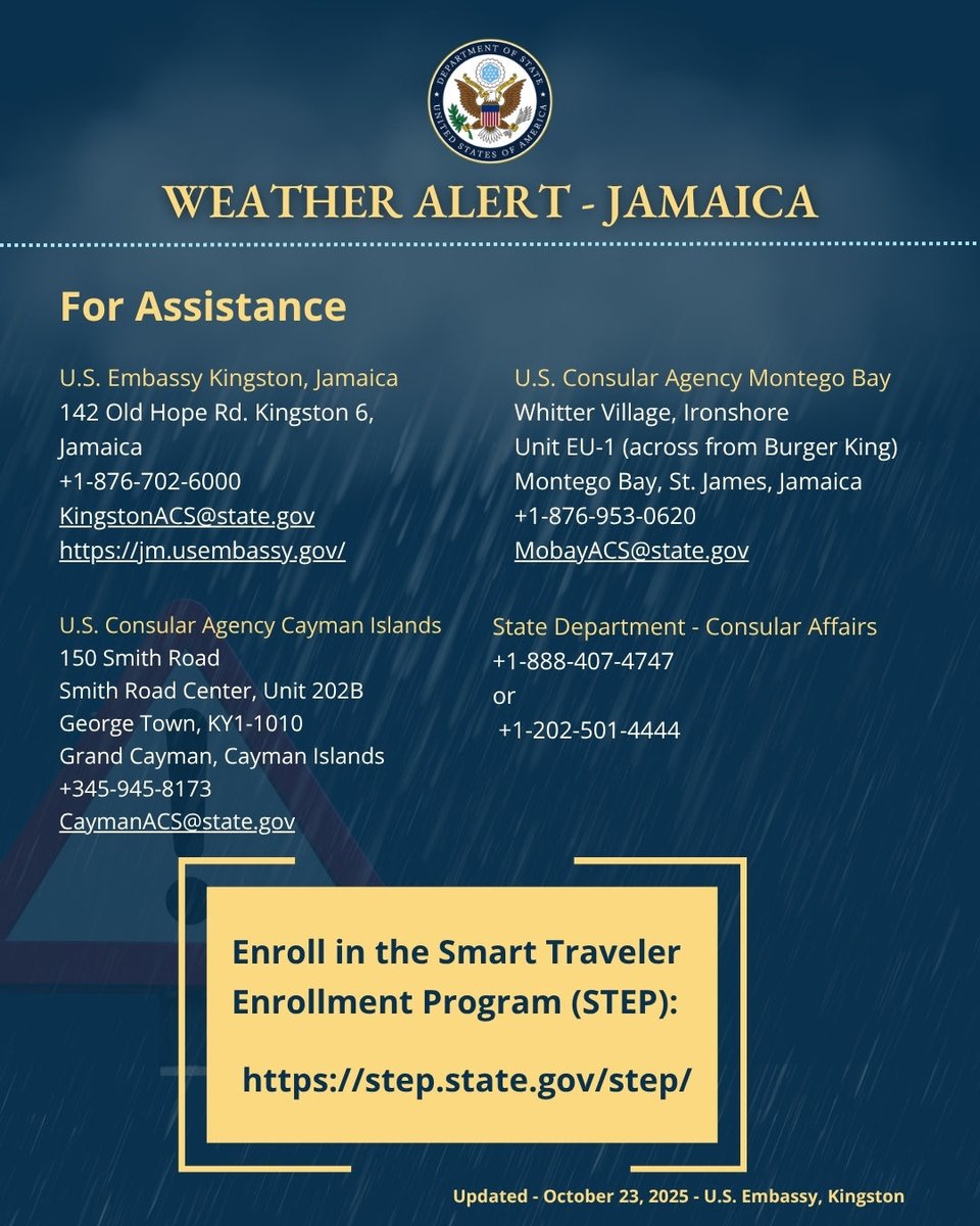 USEmbassyJA's tweet photo. The TROPICAL STORM WATCH in effect for Jamaica has been upgraded to TROPICAL STORM WARNING, and a HURRICANE WATCH is now in effect for Tropical Storm Melissa. This means tropical storm conditions pose a possible threat to Jamaica within 36 hours and Hurricane conditions are likely to pose a threat within 48 hours.
Maximum sustained winds are near 85 km/h (50 mph) with higher gusts. Tropical Storm Melissa is expected to continue in the direction of Jamaica before turning towards the west on Saturday and moving over the waters south of the island. As the system nears Jamaica, showers will begin to affect the island with periods of moderate to heavy rainfall beginning late October 23, 2025. This will continue through October 24, 2025 and the weekend. Strong, gusty winds, possibly reaching tropical storm strength, are expected to gradually develop late October 23, 2025 and October 24, 2025, continuing into the weekend. These winds will initially affect eastern and southern parishes, before gradually spreading across the remainder of the island. Winds reaching hurricane strength are possible over sections of eastern parishes as early as October 25, 2025, as Tropical Storm Melissa continues to move closer to Jamaica.

The U.S. Embassy in Kingston, Jamaica will be available for limited emergency services only as of 2:00 p.m. on October 23 through October 24, 2025. All routine ACS and visa appointments have been canceled. We will work to reschedule them as soon as possible after Tropical Storm Melissa.

Actions to Take: 
• Monitor NOAA, the National Meteorological Society of Jamaica, and the local news for updates. 
• Seek secure shelter. 
• Stock sufficient food, water, batteries, and medicine before the storm arrives.

Assistance: 
U.S. Embassy Kingston, Jamaica +1-876-702-6000
KingstonACS@state.gov
https://t.co/27YydaGvZJ

U.S. Consular Agency Montego Bay Montego Bay, St. James, Jamaica +1-876-953-0620
MobayACS@state.gov

U.S. Consular Agency Cayman Islands George Town, KY1-1010 Grand Cayman, Cayman Islands +345-945-8173
CaymanACS@state.gov
 State Department - Consular Affairs 888-407-4747 or 202-501-4444

Enroll in the Smart Traveler Enrollment Program: https://t.co/ggjxDH7fzA