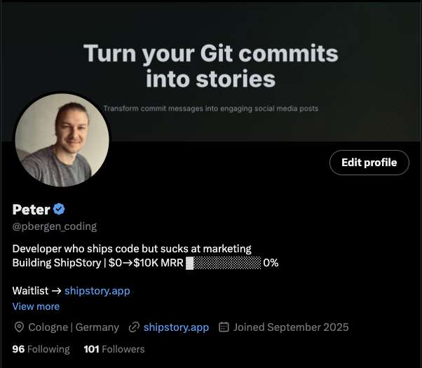 pbergen_coding's tweet image. I need to share this with someone
Two weeks ago: Celebrated hitting 50 followers
Today: Hit 100 followers AND launched the ShipStory waitlist
12 hours live and 7 people signed up
I genuinely didn't expect anyone to care 😭
Honestly overwhelmed right now
This whole building in…