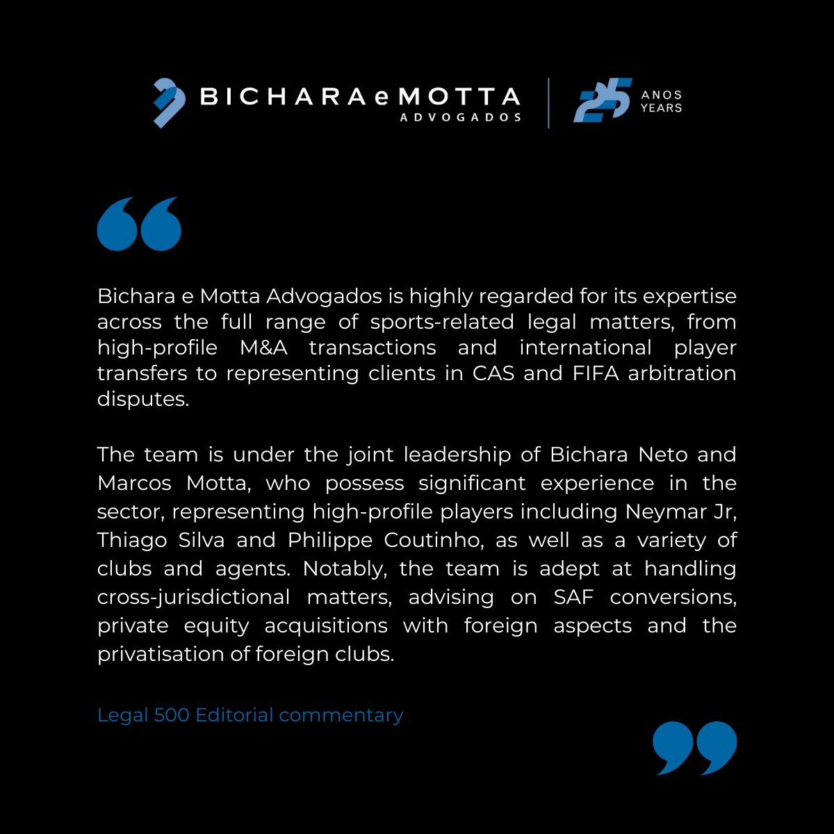 Estamos honrados em anunciar que fomos reconhecidos como líderes na área de Direito Desportivo na edição 2026 do prestigiado ranking internacional Legal 500 Latin America.

Os sócios Bichara Neto <a href="/bicharaneto/">bichara abidao neto</a> e Marcos Motta <a href="/mottamarcos/">𝐌𝐚𝐫𝐜𝐨𝐬 𝐌𝐨𝐭𝐭𝐚</a> foram destacados como “Leading Partners” na