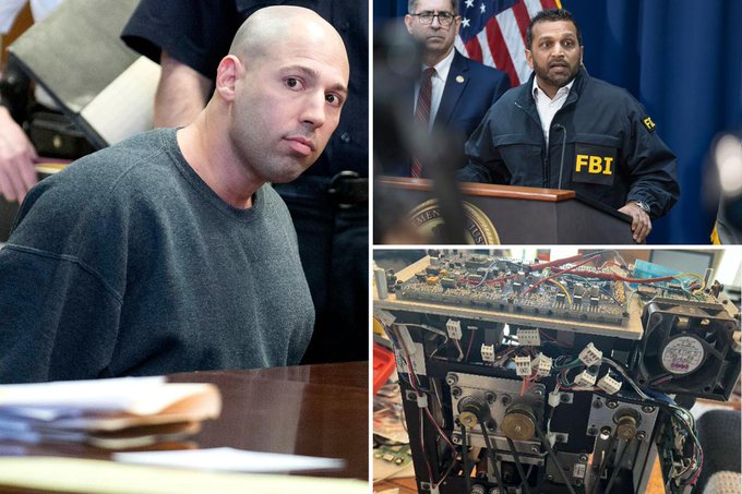 Collage of four images: left top shows a bald man in gray sweatshirt looking serious while in custody with arms extended; right top depicts a man in suit with glasses standing at podium with American flags and blue curtain behind; left bottom displays scattered papers and documents on a wooden table; right bottom features electronic circuit boards, wires, and components including a green circuit board and metallic parts spread out.