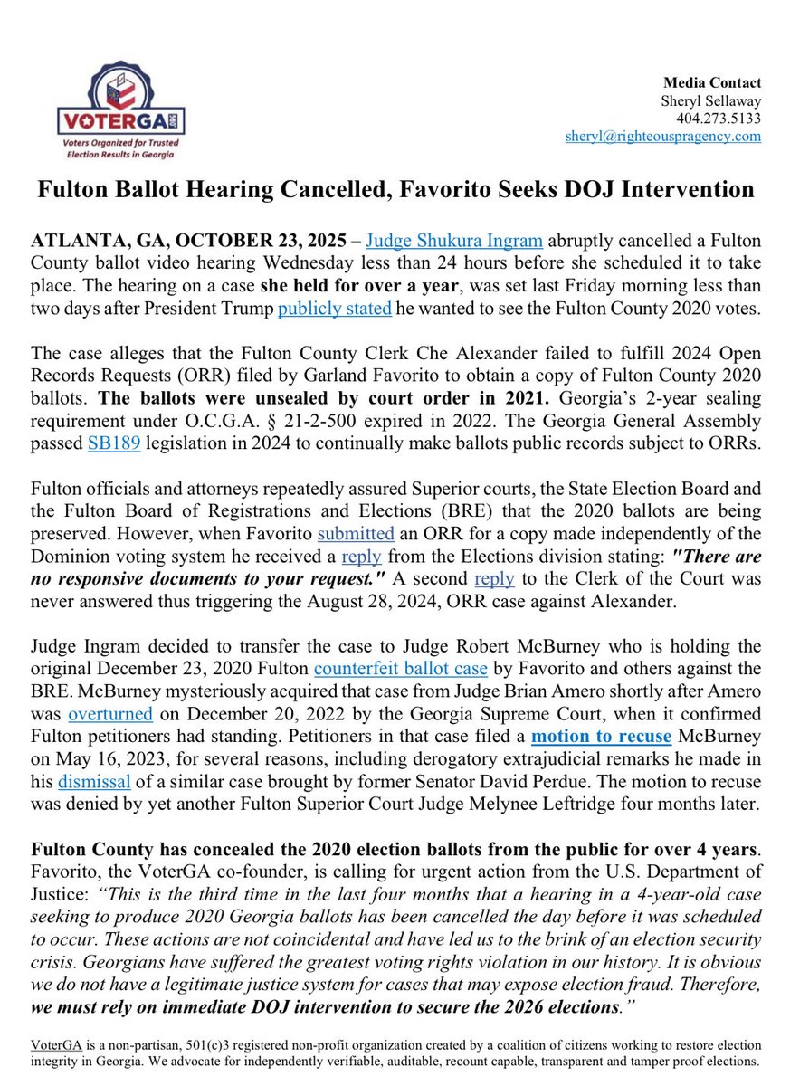 realLizUSA's tweet image. .@VoterGA: DOJ must intervene after GA judges block access AGAIN to 2020 Fulton County ballots
“This is the 3rd time in the last 4 months that a hearing in a 4-year-old case seeking to produce 2020 Georgia ballots has been cancelled the day before it was scheduled to occur.”