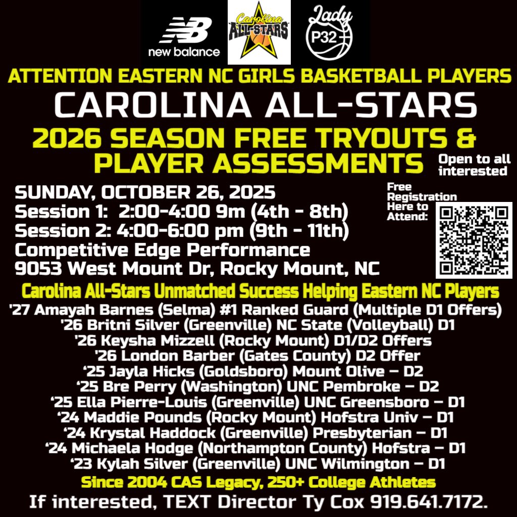 carolinallstars's tweet image. 🚨EASTERN NC HOOPERS join Carolina All-Stars 2026 Season @newbalancehoops Circuit Tryouts

This Sunday 10/26: 2-4p 4-8th 4-6p 9-11th, 9053 W Mount Dr Rocky Mount

Link: https://
carolinaallstars.leagueapps.com/clubteams

We have unmatched success in helping Eastern NC Players‼️

250+ College Alums