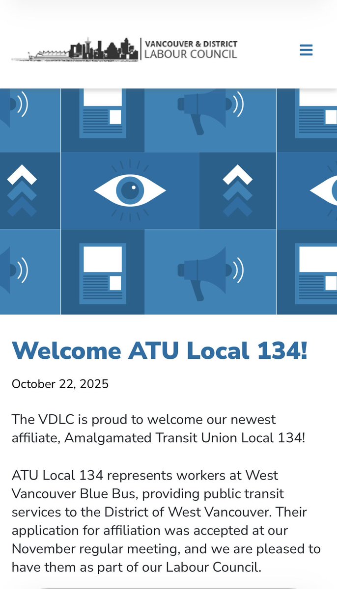 Proud to join the Vancouver &amp; District Labour Council! ✊
ATU Local 134, representing West Vancouver Blue Bus transit workers, now stands united with over 60,000 union members across Metro Vancouver.
As a VDLC affiliate, the District of West Vancouver will also be accountable to