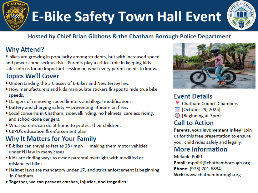 E-Bike Safety Town Hall Event
Chatham Council Chambers
Wednesday, October 29th at 7:00pm