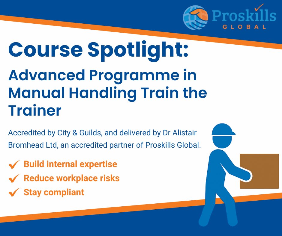 ProskillsGlobal's tweet image. 💡Course Spotlight: Advanced Programme in Manual Handling (Train the Trainer) – accredited by City &amp;amp; Guilds, &amp;amp; delivered by Dr Alistair Bromhead Ltd, an accredited partner of Proskills Global.

📍Build expertise
📍Reduce risks
📍Stay compliant

More here: proskillsglobal.co.uk/city-guilds-ac…