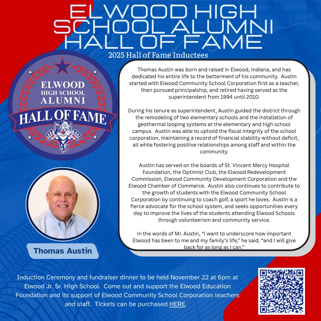 Inductee #1 for this year's Elwood High School Alumni Hall of Fame is....Tom Austin, Class of 1968!
If you'd like to join us in honoring and congratulating Tom, you can purchase tickets to the event here:
eventbrite.com/e/elwood-commu…