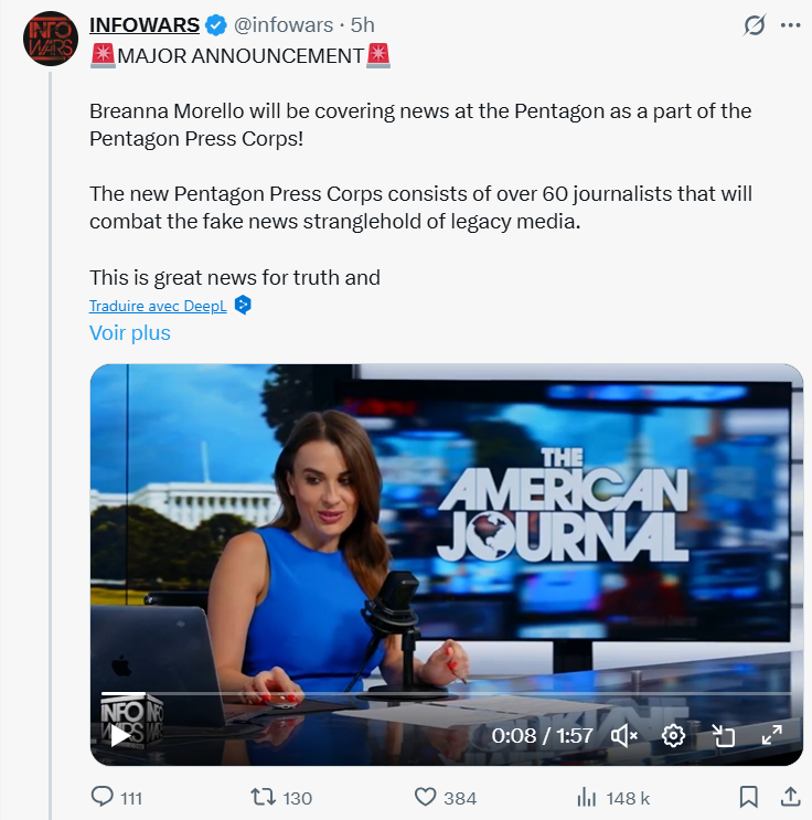Après le départ de la quasi totalité des journalistes couvrant le Pentagone, refusant les règles trop contraignantes fixées par le Département à la Défense, sont nommés de nouveaux correspondants.
Ils sont issus de médias conservateurs, d'opinion, qui ne font pas d'information.