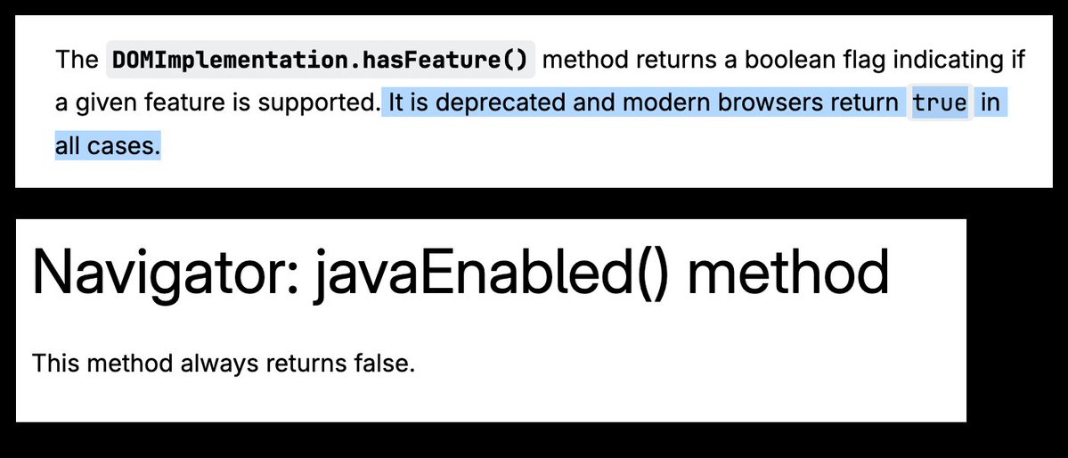 dchest's tweet image. In enterprise JavaScript, there are two boolean values: document.implementation.hasFeature() and navigator.javaEnabled()