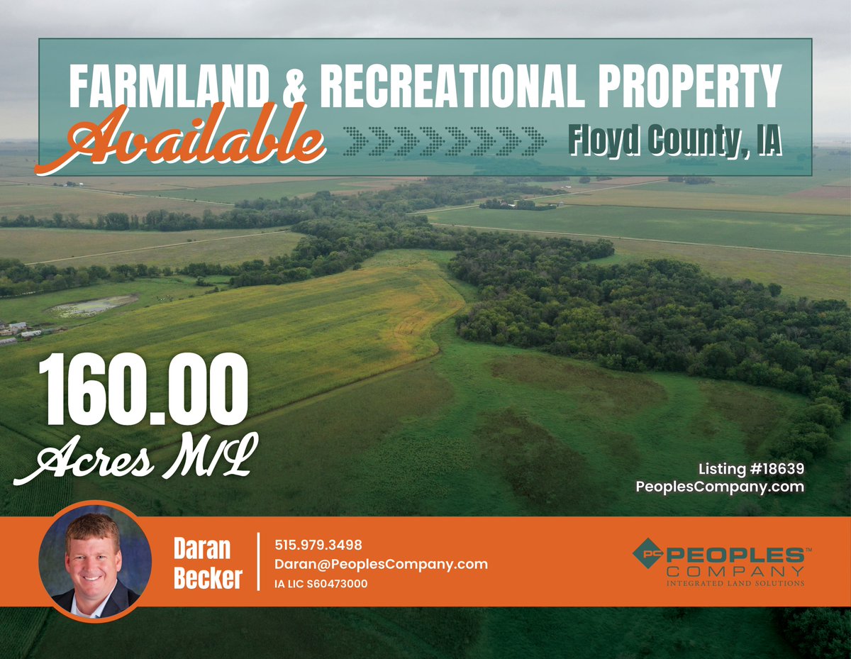 PeoplesCompany's tweet photo. FARMLAND & RECRATIONAL PROPERTY FOR SALE | 160.00 Acres M/L in Floyd County, IA

+ 160 acres m/l of income-producing and recreational land northeast of Greene, Iowa.

+ 106.42 FSA cropland acres with 71.32 acres enrolled in CRP generating $19,834 annually.

+ CRP contracts offer flexibility to re-enroll or convert to row crop for added income.

+ Timber, creek, and cover provide excellent deer and turkey hunting opportunities.

+ Includes a 2012-built 2-bed, 1.5-bath home (1,020 sq ft) with outbuildings—ideal for a cabin or residence.

Contact #PeoplesCompany licensee @BeckerDaran or click the link below for more information.

Listing 18639 | https://t.co/uuBKhCJvc0