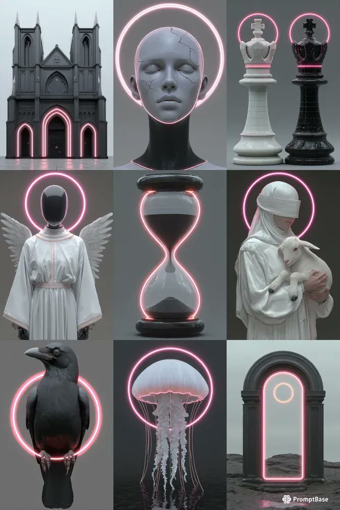 promptbase's tweet image. Neon Halo Gothic Statues Aesthetic by klay using Midjourney 🕯️👼