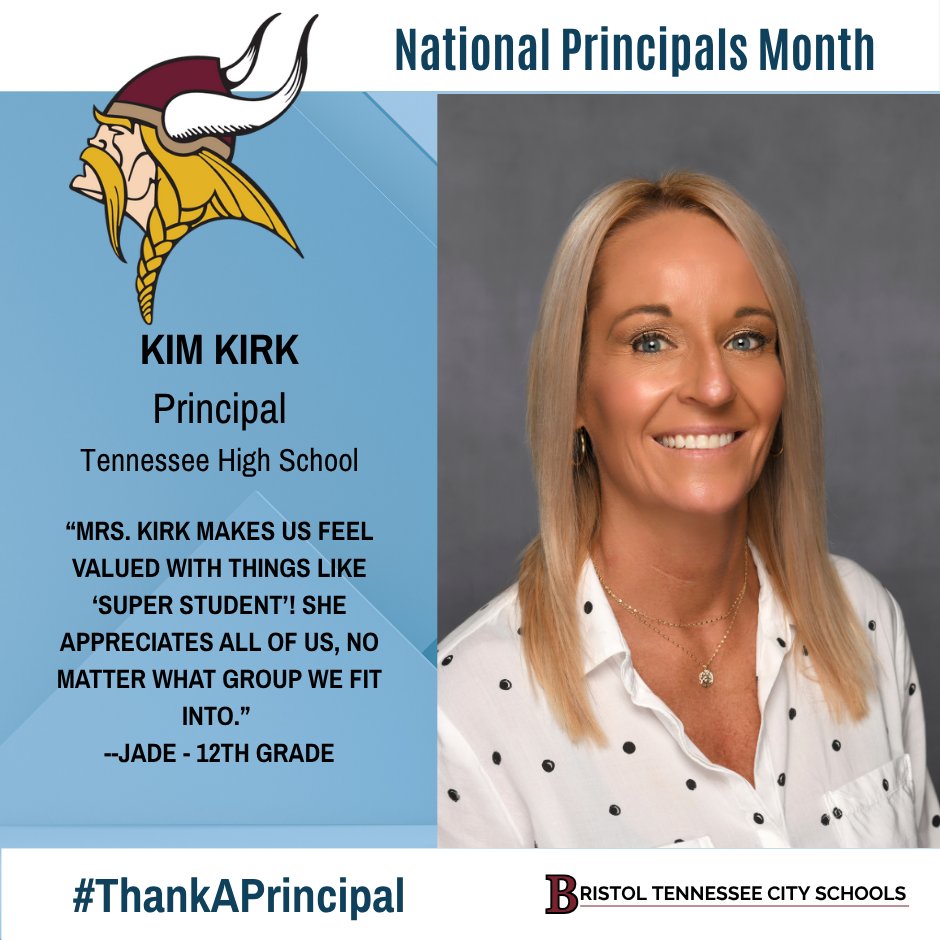 Our next National Principals Month spotlight features Kim Kirk, principal of Tennessee High School!

Mrs. Kirk’s leadership celebrates every student’s strengths and achievements. Her encouragement and inclusiveness help make Tennessee High a place where every Viking belongs.