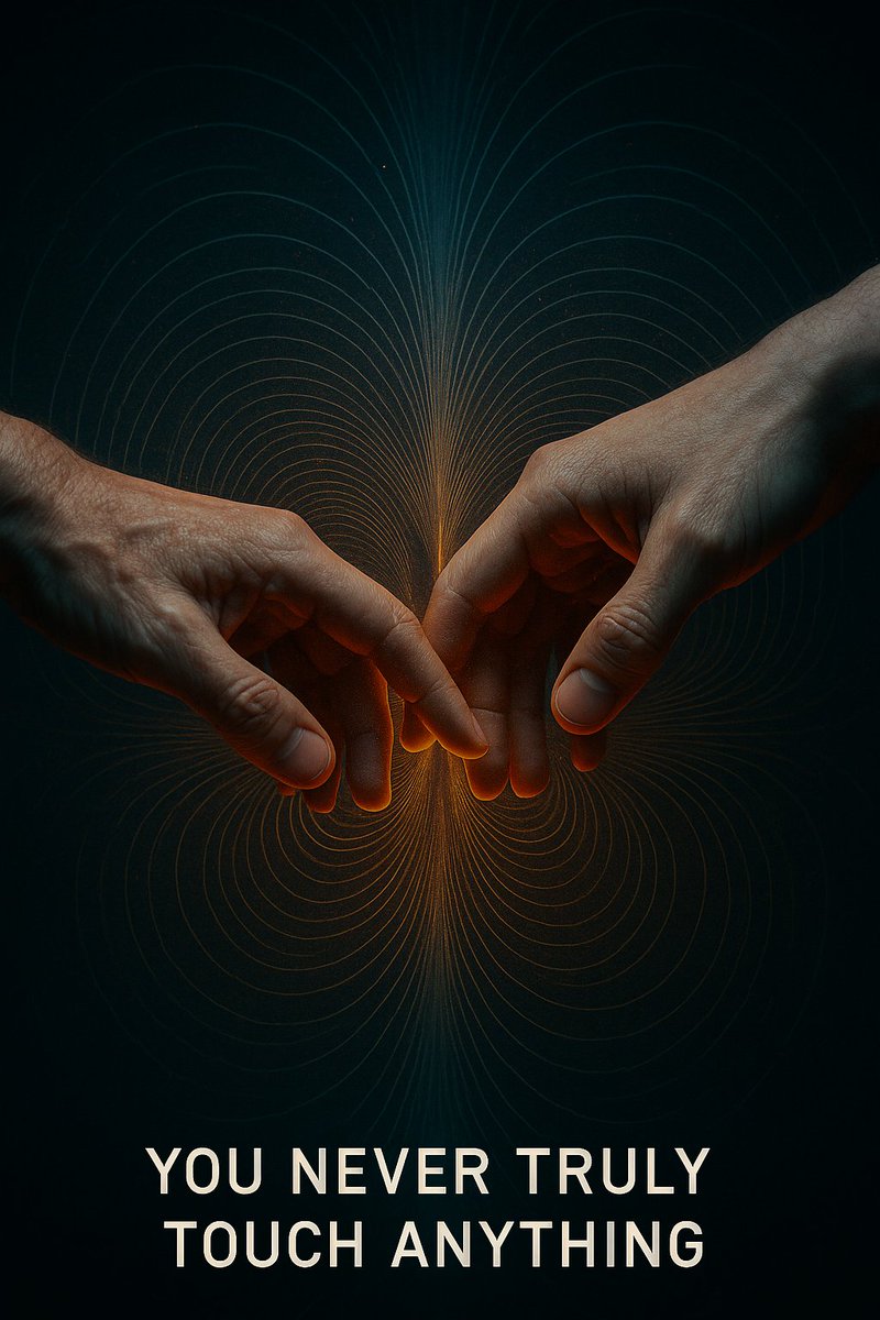 JasonWilde108's tweet image. You’ve never physically touched a single thing in your entire life. Not a person, or a wall, or even your own skin. Every time you “touch” something, what you’re really feeling is the electromagnetic repulsion between atoms. The electrons in your hand and the electrons in that…