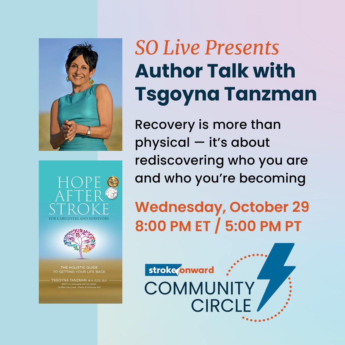 StrokeOnward's tweet image. Recovery is more than physical — it’s about rediscovering who you are. Join Tsgoyna Tanzman, SLP and author for a free talk on resilience, purpose, and healing.
🗓 Wed, Oct 29 • 8:00 PM ET / 5:00 PM PT
🔗 circle.strokeonward.org/c/solive/
#StrokeOnward #StrokeRecovery #AuthorTalk #SOCC