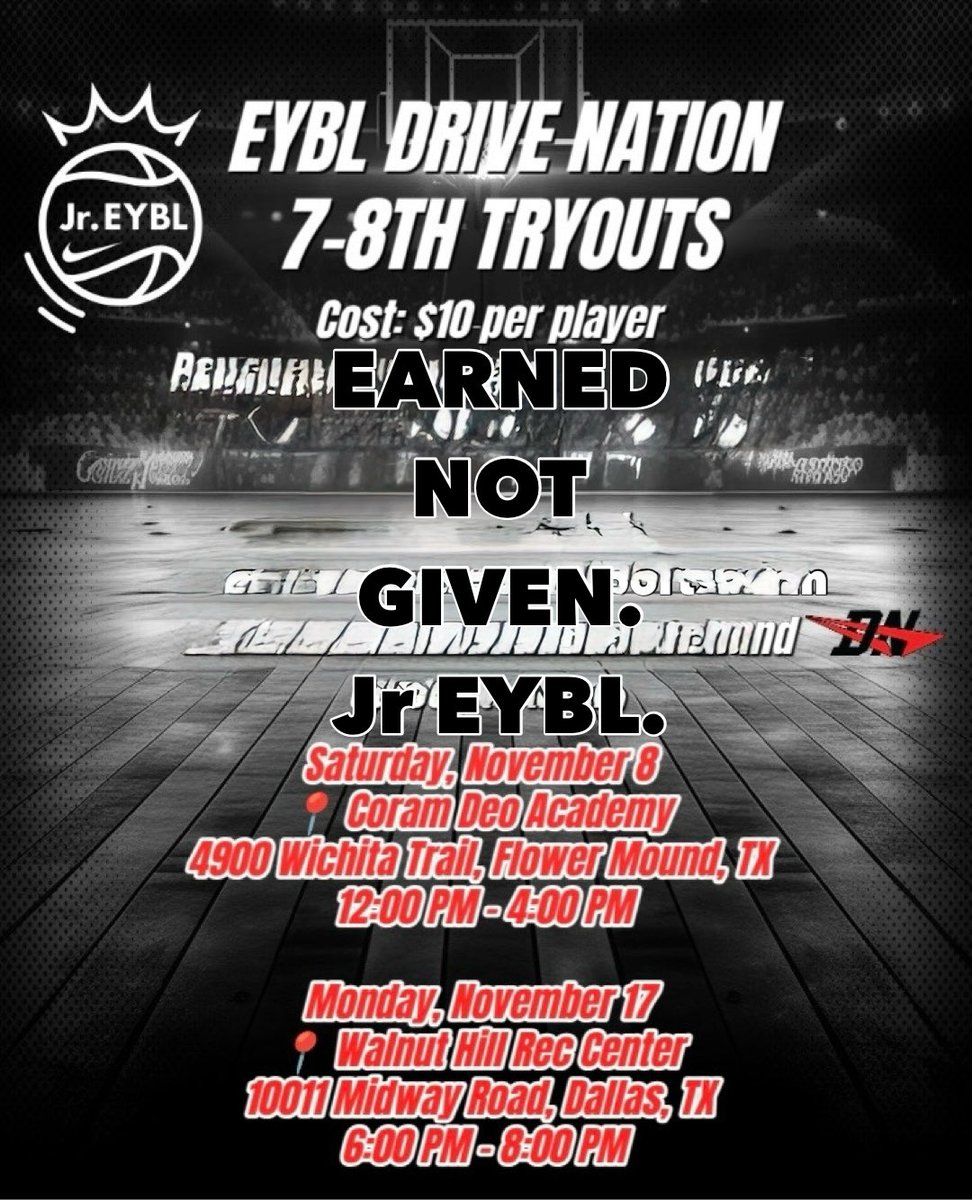 2030
2031
Players here is your chance to come tryout for JR EYBL, il be helping with Nike Drivenation coaching and running this year. 

Texas/Oklahoma/Louisiana 
Can you Earn it? 

<a href="/NikeJrEYBL/">TBD</a>
<a href="/CSmithBball/">Craig Smith</a>
<a href="/iBallNationDFW/">iBallNation</a>