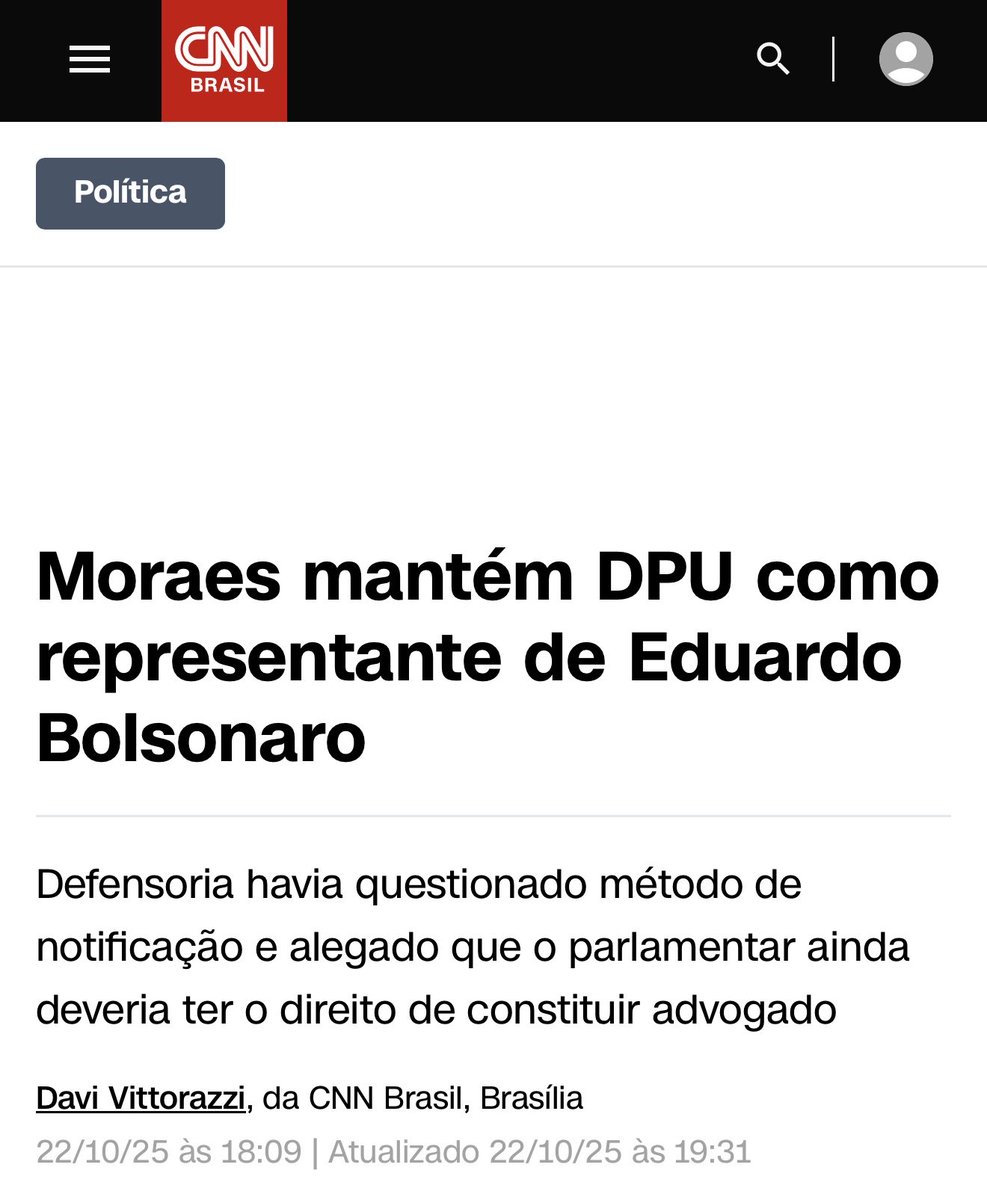 Quer dizer: a Defensoria diz que não atuará no caso, que Eduardo deve escolher seu próprio advogado, e Moraes obriga a defensoria a atuar. Moraes quer que a Defensoria seja seu novo puxadinho, não basta ter feito isso com a PGR
