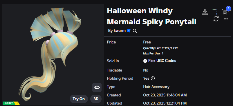 Xh0PlUgc's tweet image. 📣Kwarm has already released this hair for free (and this hair will be via code)
📦Stock: 2,222
➡️roblox.com/catalog/797289…
➡️roblox.com/games/15108736…
#Roblox #RobloxDev #RobloxFreeUGC #RobloxUGCLimited
