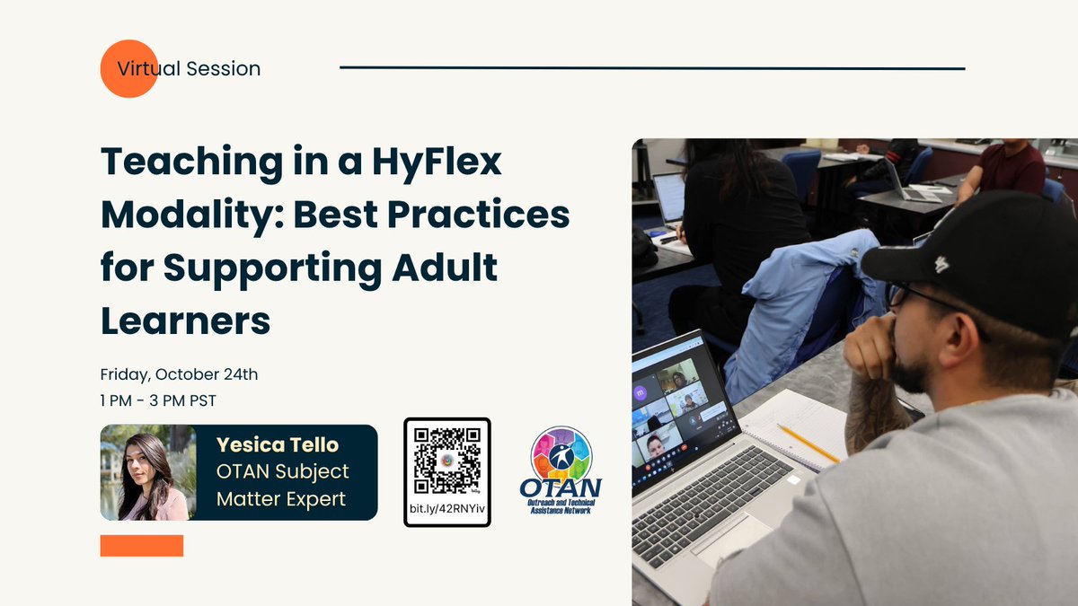 otan's tweet image. Teaching HyFlex? Learn how to engage both in-person &amp;amp; Zoom learners while supporting digital literacy and reducing tech anxiety. 💡

📅 Oct 24 | 1–3 PM PT
🎤 Trainer: Yesica Tello
🔗 Register: bit.ly/42RNYiv

#HyFlexTeaching #AdultEd #EduTech