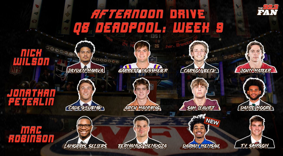 afternoon923FAN's tweet image. 🚨 Afternoon Drive&apos;s Week 9 &apos;QB Deadpool&apos; Results

Who has the better group of college QBs: @NickWilsonSays, @JPeterlin, or @MacRobinson95?

Listen 🔊: go.audacy.com/9F2t5HXXHXb