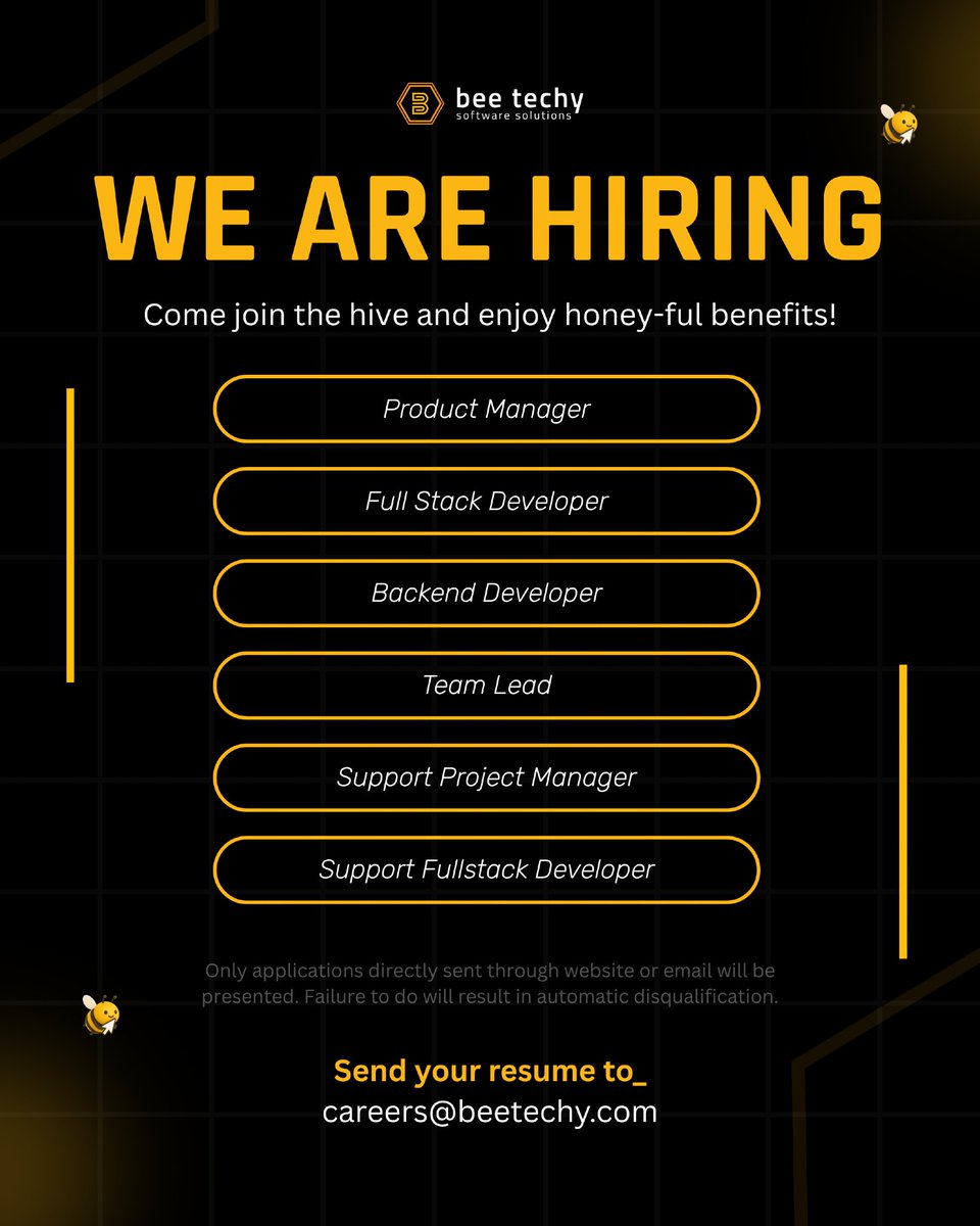 beetechyllc's tweet image. We’re growing the hive. 🐝
Now hiring: Product Manager, Full Stack Dev, Backend Dev, and more.
📩 Send your resume → careers@beetechy.com
#BeeTechy #Hiring #Developers #TechJobs #StartupLife