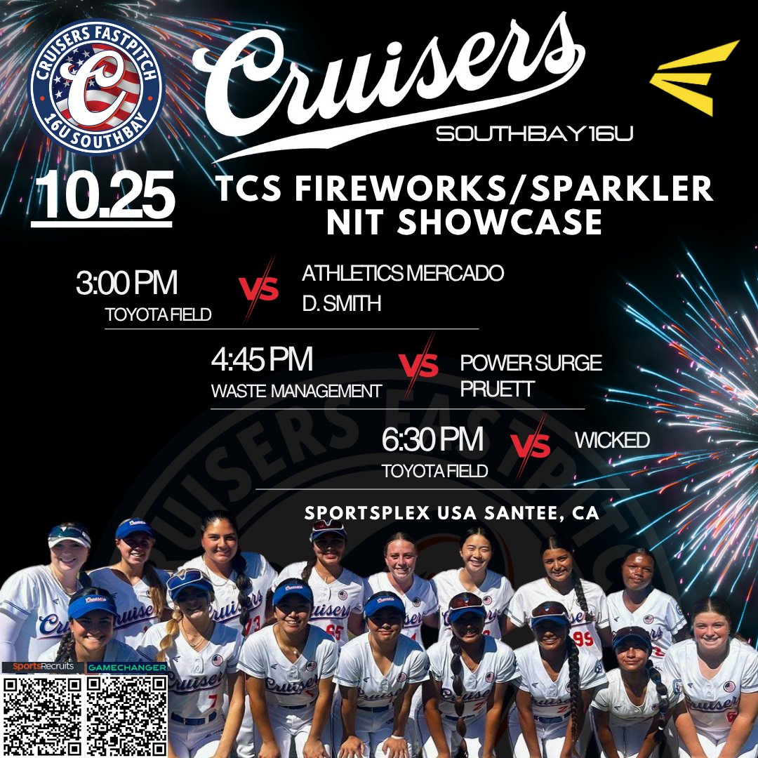 Cruisers_Smith's tweet photo. We are heading down to San Diego for the TCS Fireworks/Sparkler NIT this weekend. Come catch a  game with us if you are local or on Gamechanger. Scan QR code to watch. We've got some great athletes in the 2027, 2028 and 2029 class to keep your eye on. #LetsGo #cruisers https://t.co/fXRJzRg4ny