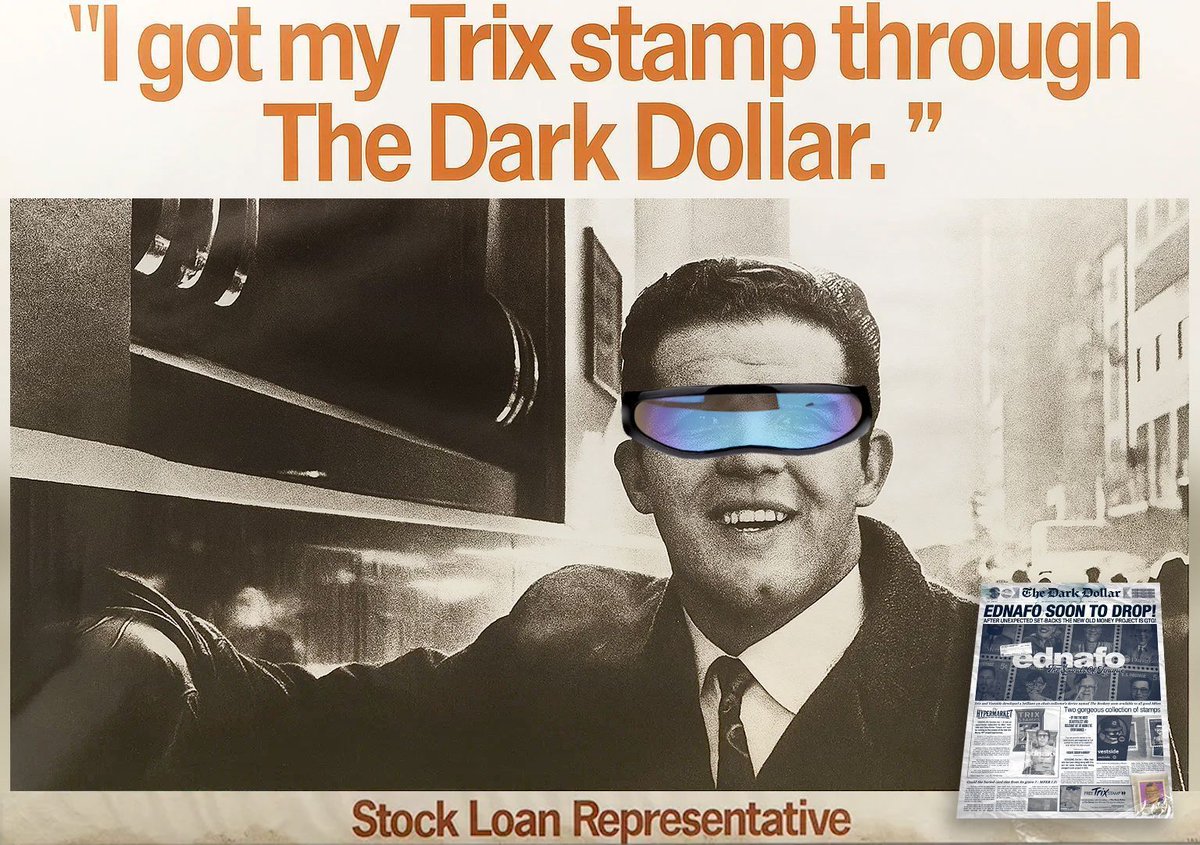 RTrixson's tweet image. Mfers from all walks of slave life are getting their free Trix stamp with The Dark Dollar!
They've seen the light, they've read the truth, and now have Ednafovision 👁️ 
🫸 oldmoney.io/ddcxxxii 🫷
#thedarkdollar #trix #trixstamp #ednafostamp #ednafo #oldmoney #nft #nftart…