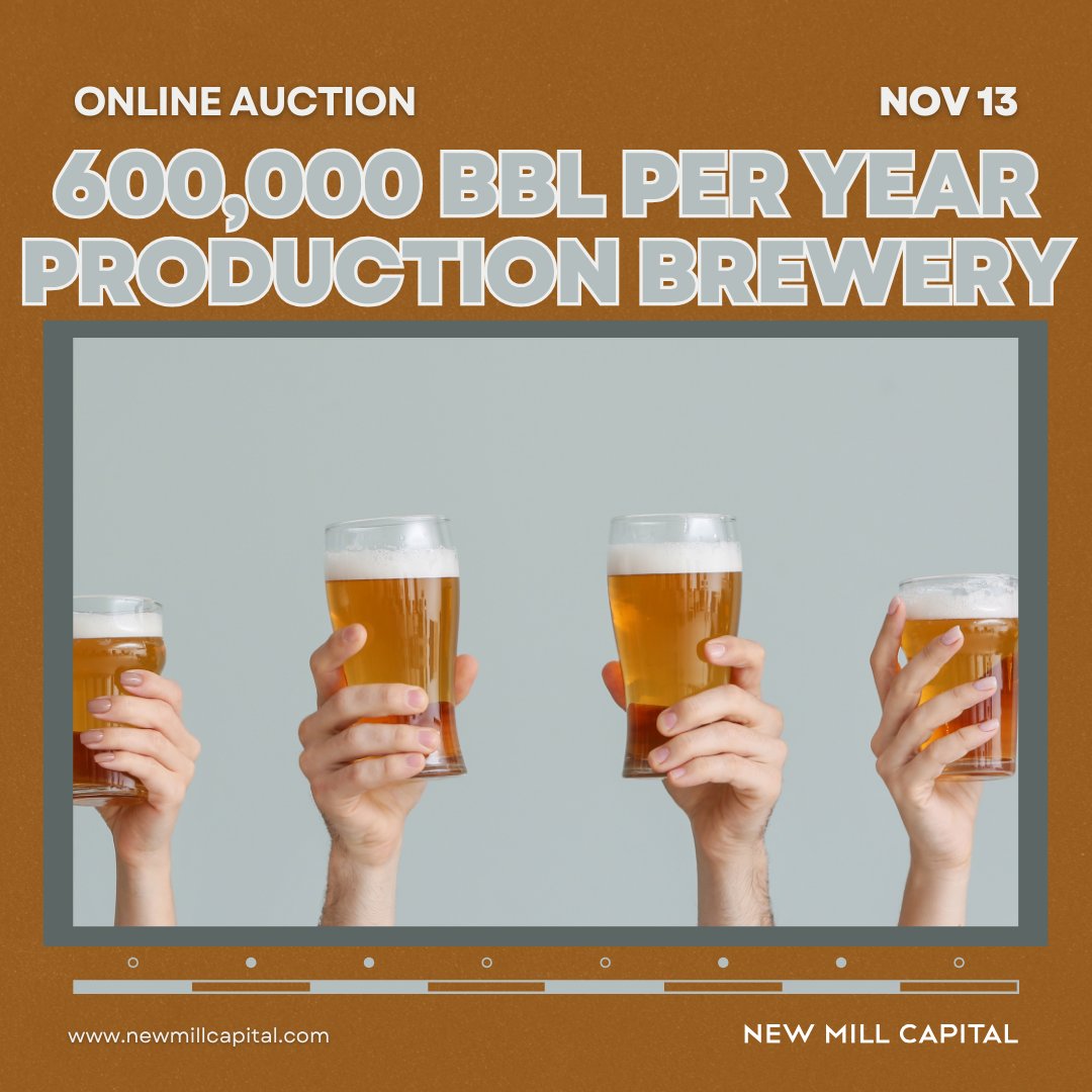 ONLINE AUCTION - 600,000 BBL Per Year Production Brewery. View Details >> ow.ly/X3uu50Xh9xO #onlineauction #auction #newmillcapital #investment #brewery #brewhouse #craftbeerbrewing #brewbids #equippedbrewer #brewbound #unfilteredmedia #beverageindustry #brewmaster