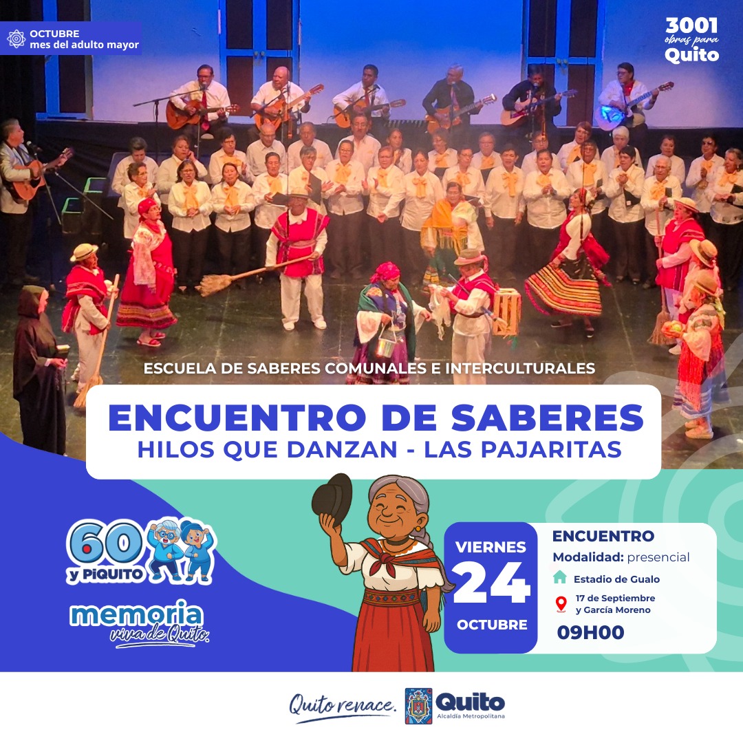 💚 #QuitoTeCuida | ¡La memoria al ritmo de la experiencia! En el  Encuentro de Saberes “Hilos que Danzan – Las Pajaritas”, las y los #60yPiQuito de Calderón, Llano Chico y Cocotog comparten su sabiduría con danza, música y coros. ¡Viva la comunidad! 

#MemoriaVivaUIO
#QuitoRenace