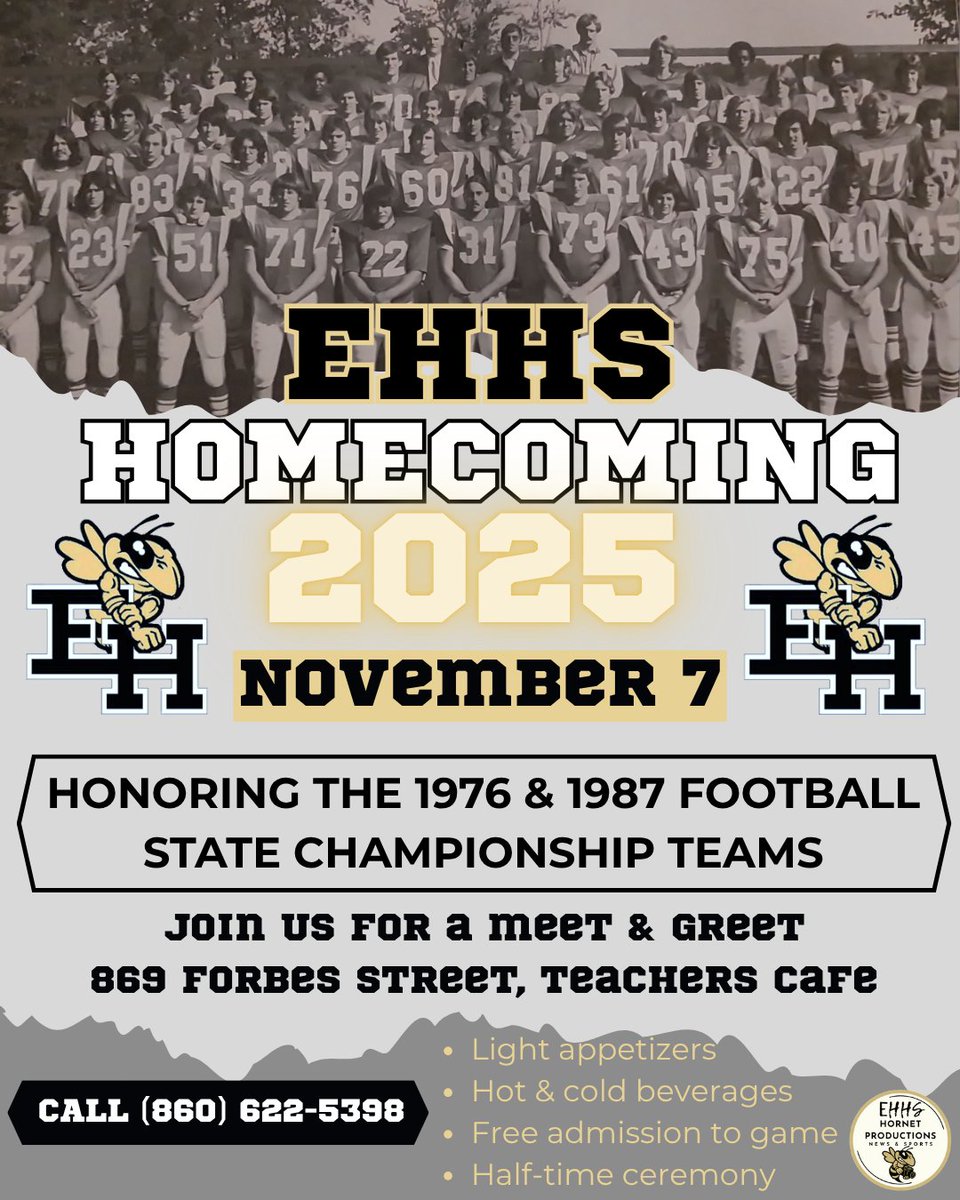 During Homecoming 2025, EHHS will be honoring the Championship Football teams from 1976 &amp; 1987. Anyone who was on those teams is invited to join us that night for a reunion and celebration.  If interested, see the Google Form below.
docs.google.com/forms/d/e/1FAI…