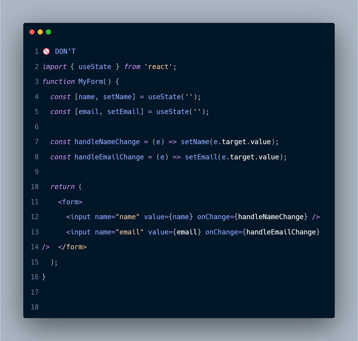 ZahidReacts's tweet image. "React Devs! Simplify your forms with a custom useForm hook! ⚛️
Here's my 8-line magic in the comment: 💫
No more juggling multiple useState calls — just one clean hook to rule them all.
#ZahidReacts #WebDevelopment #javascriptforever