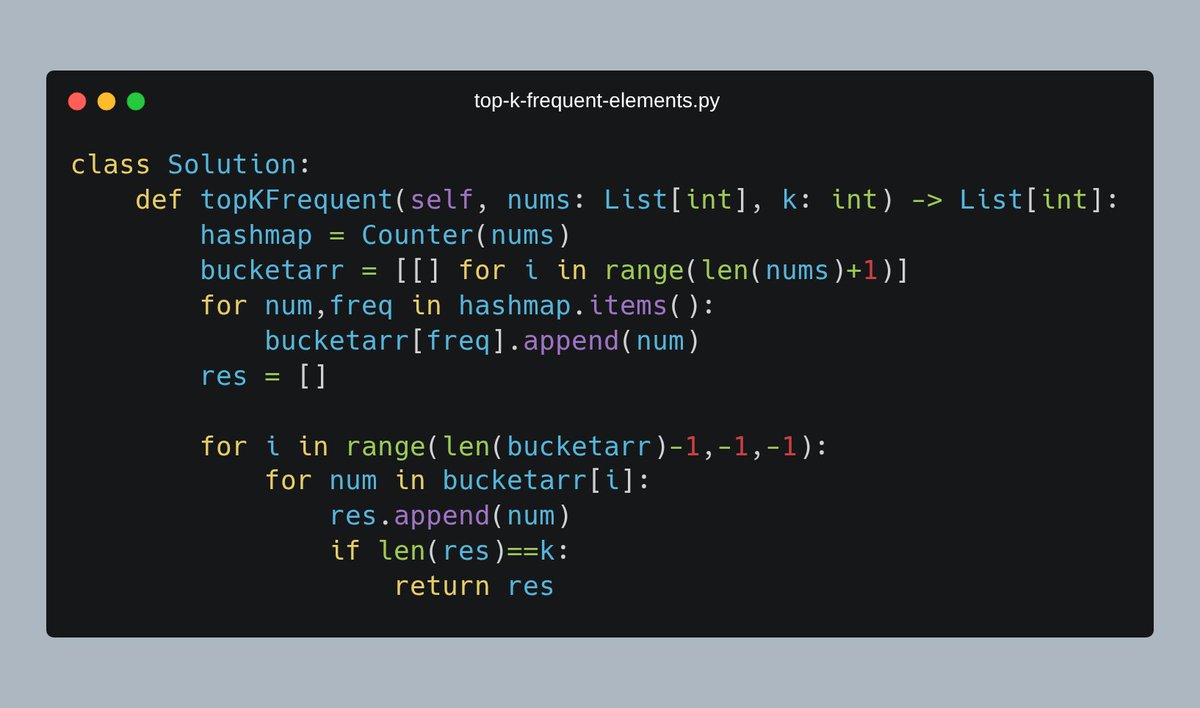 piyushmalik34's tweet image. 🔝 Top K Frequent Elements!  
📍 Use Counter for frequencies, then bucket sort by count to gather top elements efficiently.  
⏱️ Time: O(n), Space: O(n) — fast and memory-friendly! 🚀 #LeetCode #100DaysOfCode