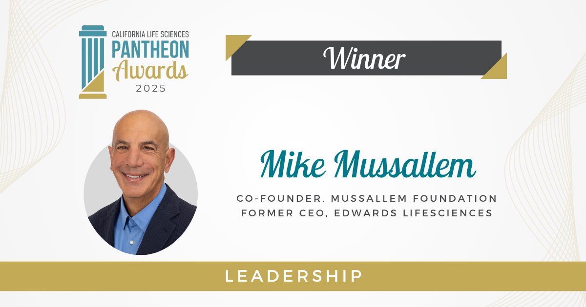 CALifeSciences's tweet photo. 🏆 Congratulations to Mike Mussallem, our 2025 Pantheon Leadership Award winner! 

As @EdwardsLifesci CEO for over 20 years, Mike led with innovation, compassion &amp; vision, championing patients and giving back. Celebrate with us Nov. 6! 🌟https://t.co/0wBybKH8gf https://t.co/6fel39WTM7